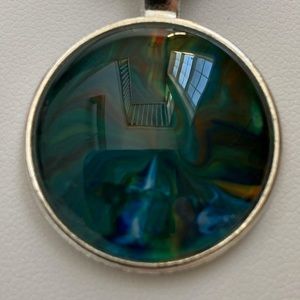 Handmade Fluid Art Pendant Cord Necklace Round Glass Cabochon in Blue and Green